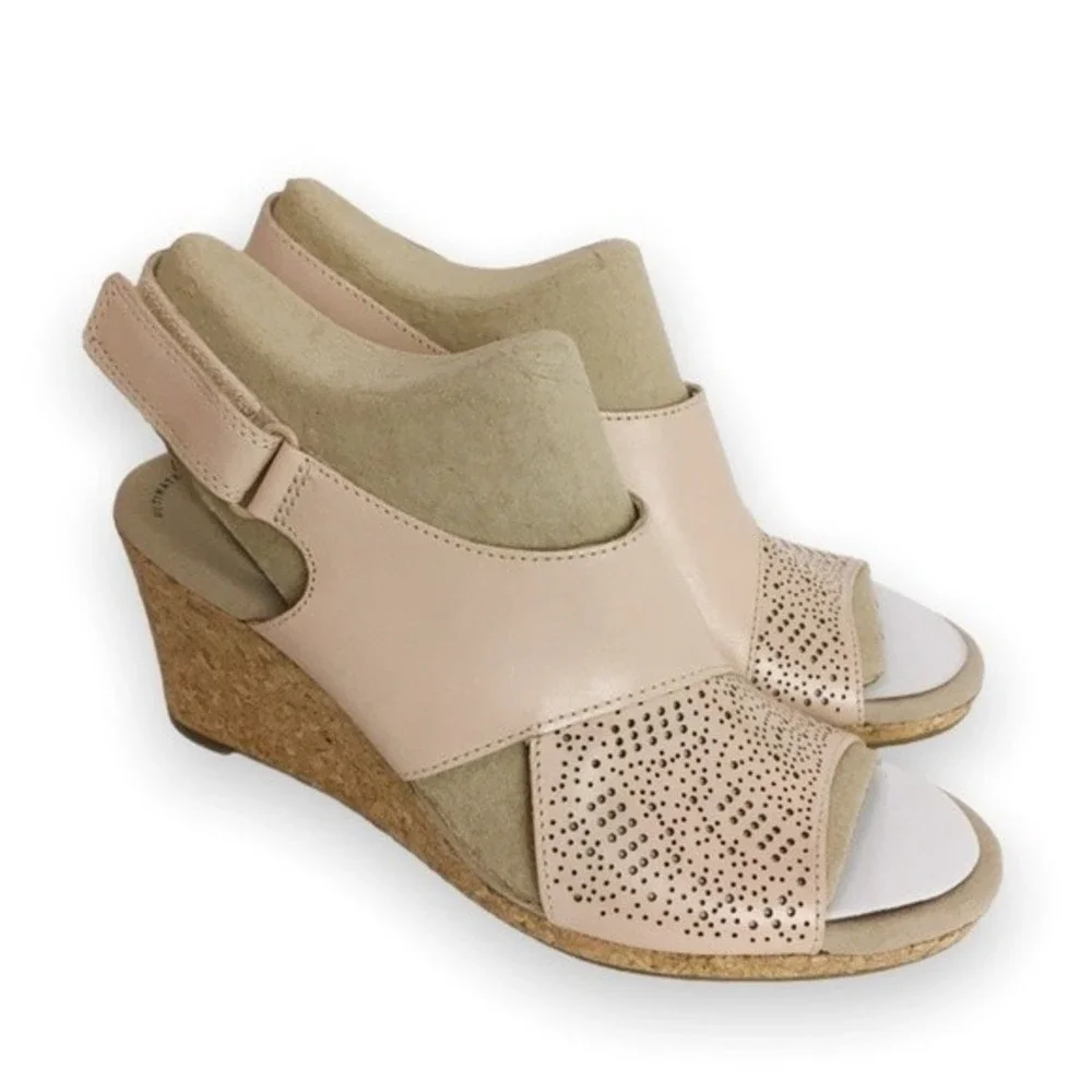 Clarks Womens Size 8.5 Lafley Joy Blush Pink Leather‎ Sandals Wedges Shoes